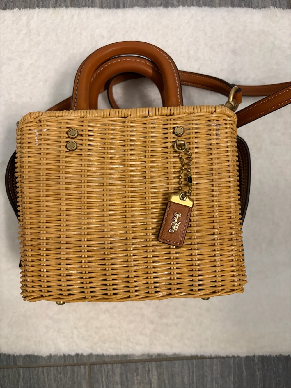 Coach Woven Rattan Tote with Brown Leather Handles and Gold Hardware